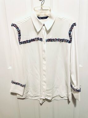Zara White Button-Down Blouse with Red, White and Blue Tweed Shimmer Trim